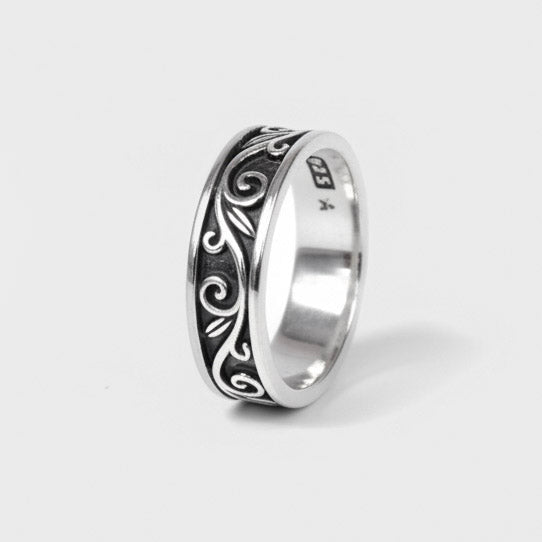Handmade solid 925 silver Eden Ring with filigree band and oxidised finish by Antares Jewellery.