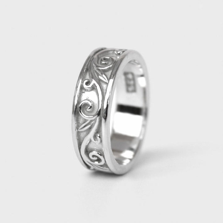 Handmade solid 925 silver Eden Ring with filigree band and high polish finish by Antares Jewellery.