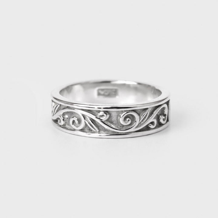 Handmade solid 925 silver Eden Ring with filigree band and high polish finish by Antares Jewellery.