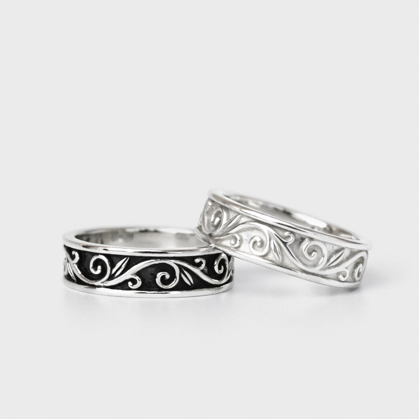 Handmade solid 925 silver Eden Rings with filigree band pictured in high polish and oxidised finishes by Antares Jewellery.